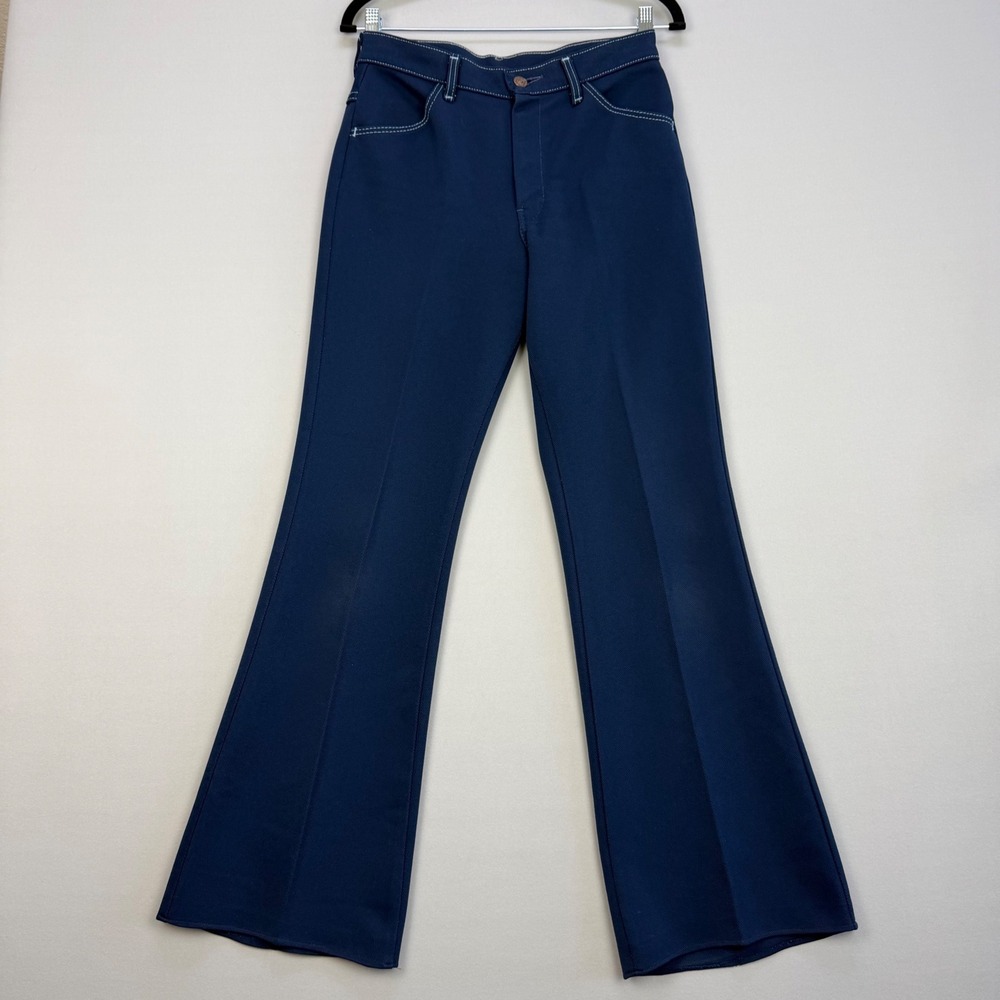 Vintage Farah Flare Disco Pants Trousers Navy Blue 70's Hopsack Textured 27x31